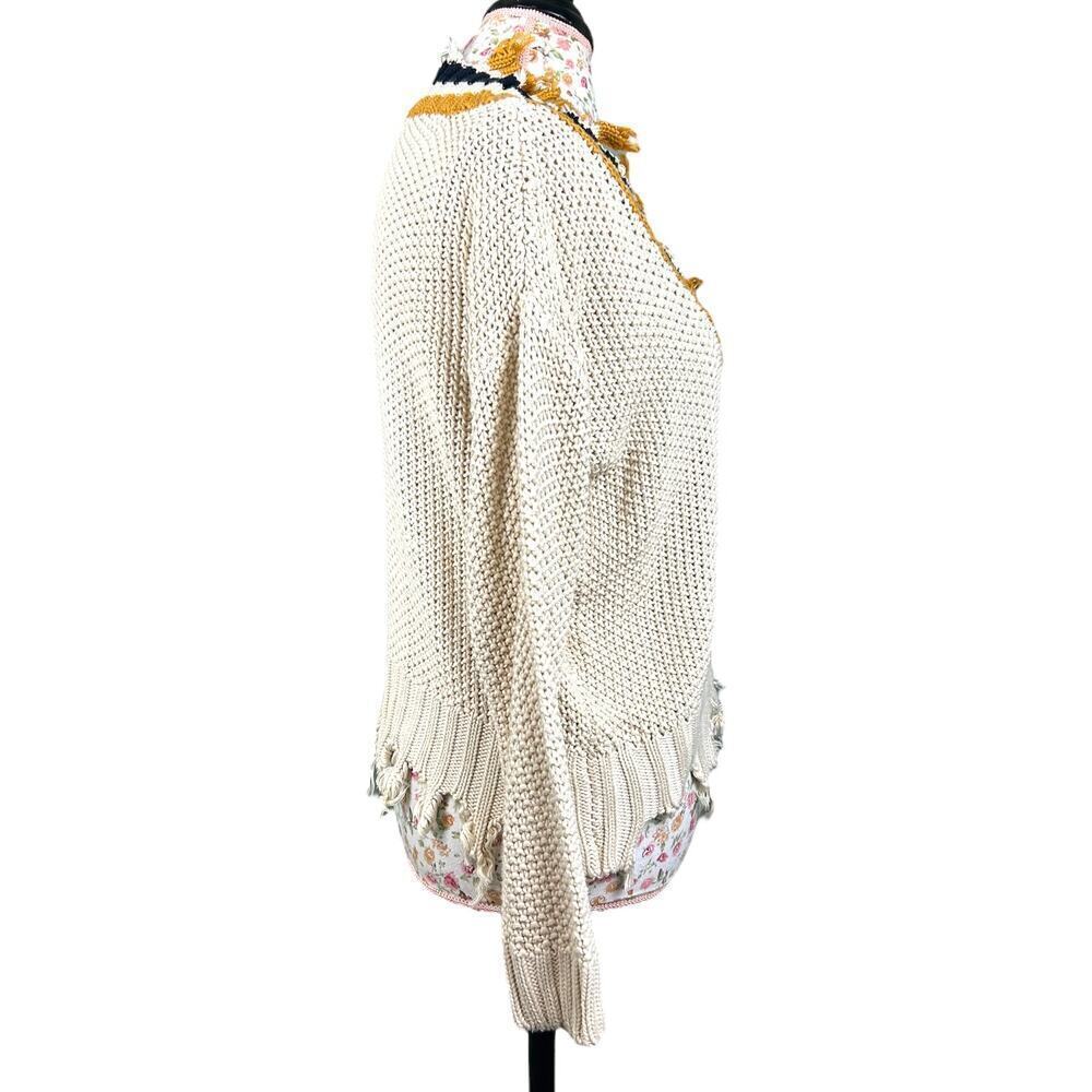 Elan Knit Distressed Fringe Frayed Varsity Stripe Sweater Blue Gold Cream Medium - Picture 2 of 7